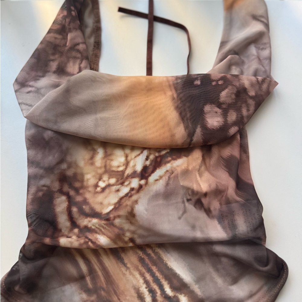 Asymmetrical Brown and Tan Camisole with Tie Front